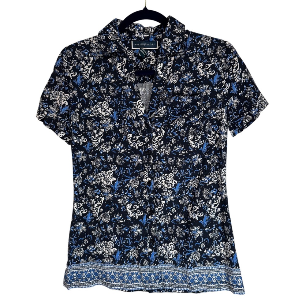 Karen Scott Womens Petite Floral Print Short Sleeve‎ Button Up Shirt Top XS